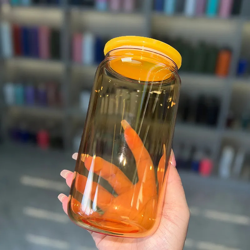 16oz Colorful Sublimation Glass Tumbler Mason Jar Style with Reusable Plastic Lid