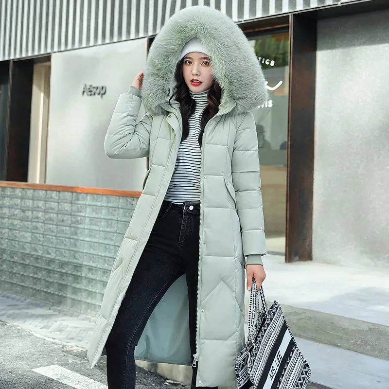 Down Cotton Parka Hooded Winter Jacket Long Women Parkas Fur Collar Thick Warm Snow Wear Coat Windproof Clothes 241011