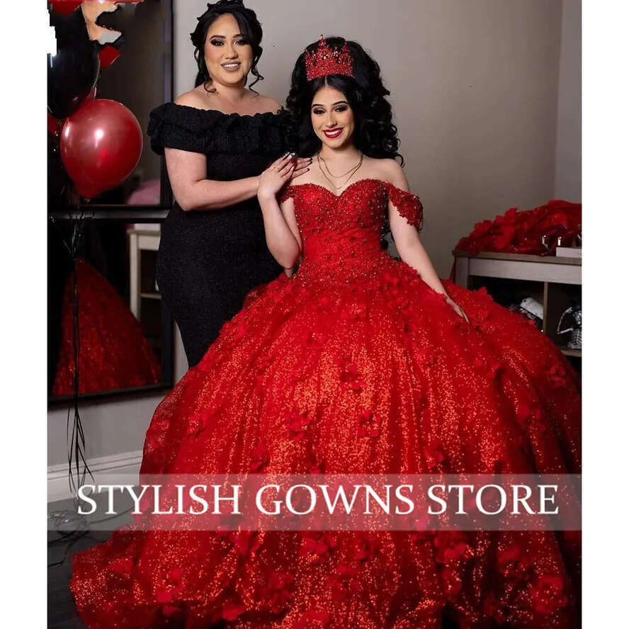 The Off Mexico Red Shoulder Ball Gown Quinceanera Dresses Girls Beaded Birthday Prom Wers Sweet 16 Vestido De 15 Anos Robe 0627