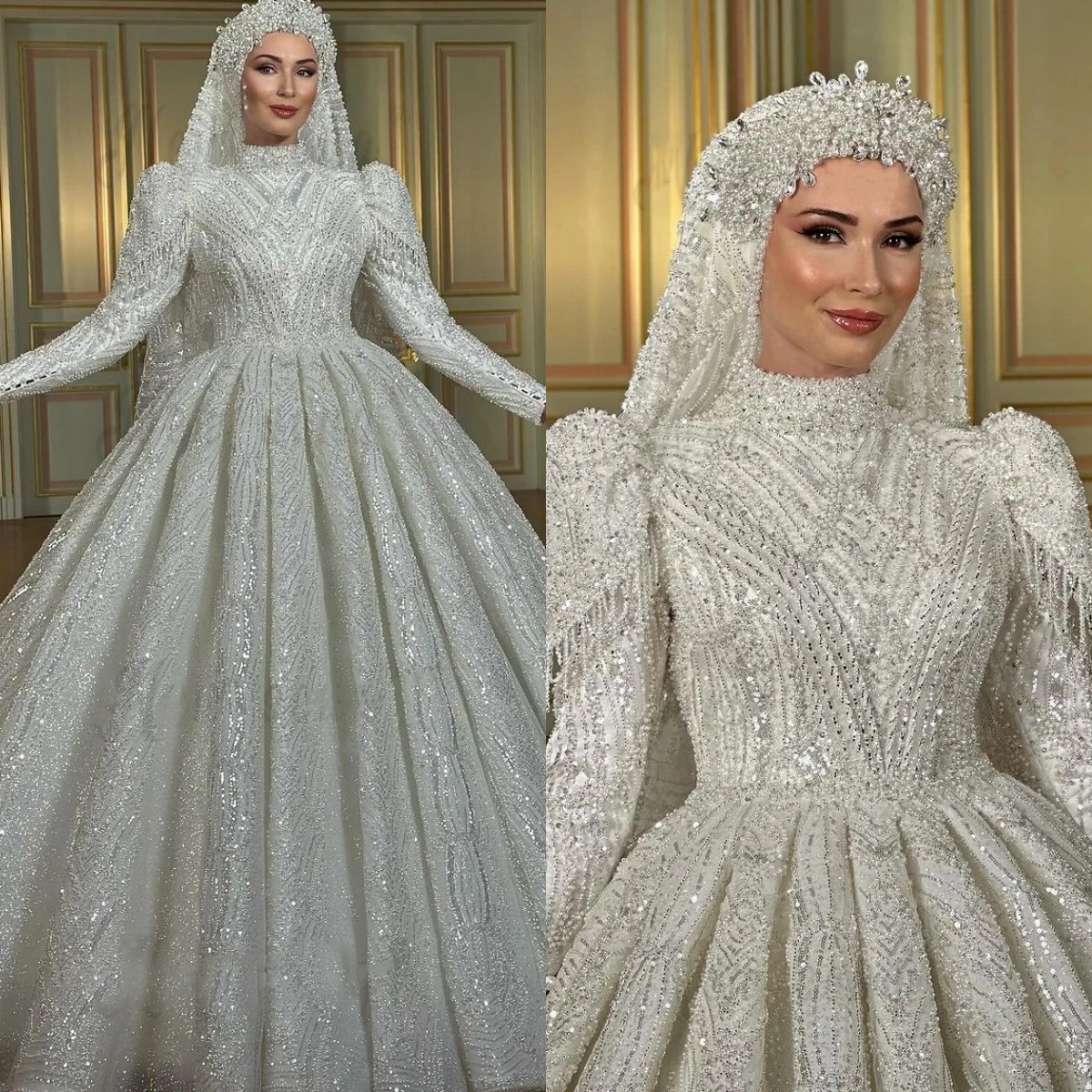 Muslim Wedding Dresses Pearls Sequins A-Line Bride Gown High Neck Beading Bridal Dress with Cape Sleeves Custom Made Sweep Train Vestidos De Novia