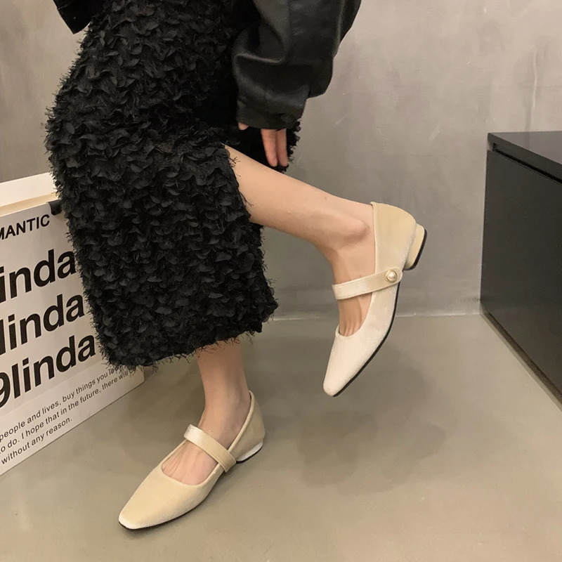 Elegant Pearl New Buckle Velour Mary Jane Shoes Woman Concise Veet Ballet Flats Ladies Evening Party Low Heel Pumps In Wine-Red 240927