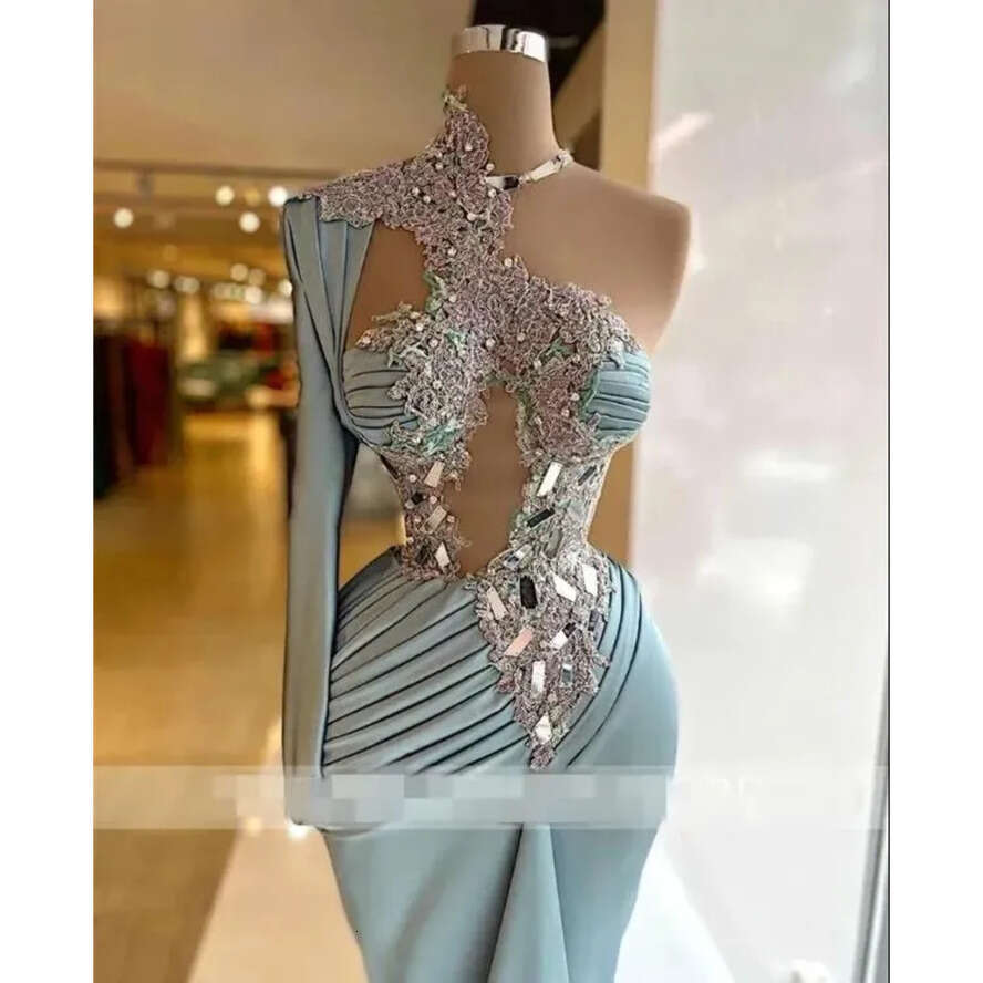 Long Unique One Shoulder Sleeve Evening Dresses For Women Lace Appliqued Rhies Pleated Mermaid Prom Gowns Hollow Out Sexy Formal Robe De Soiree 0604 m