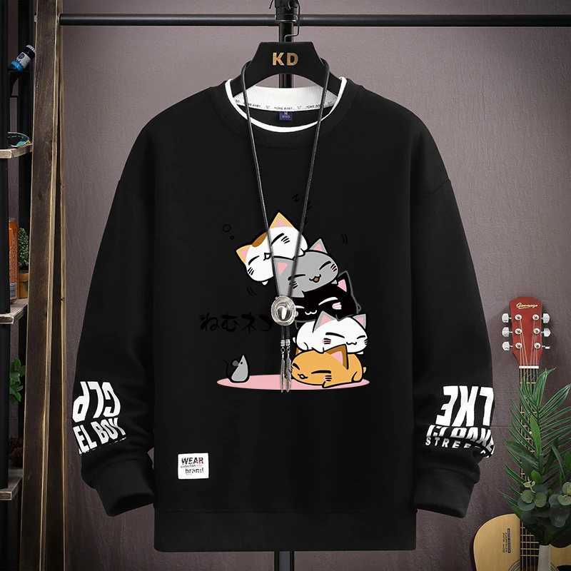 Spring mens sportswear Japanese cartoon cat print long sleeved T-shirt fashionable mens clothing khaki O-neck Harajuku top 2024 new item Y241016