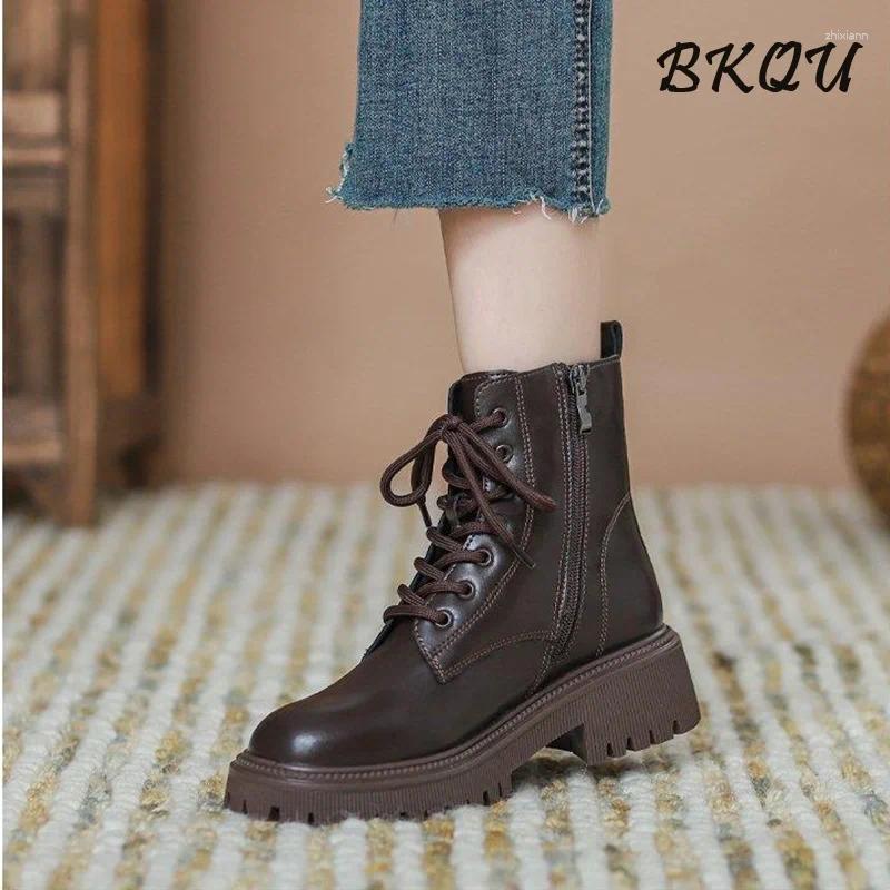 Boots BKQU Basic Ankle Women British Wind 2024 Brown Thick Soled Explosive Autumn Short Ins Single Shoes Zip