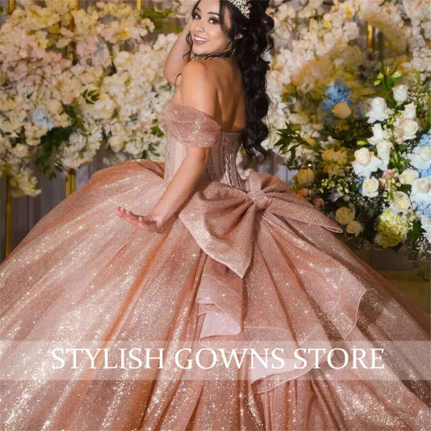 Rose Off Mexico Gold The Shoulder Quinceanera Dress Sparkly Bow Princess Ball Gown For Sweet 16 Birthday Graduation Dresses 0627 es