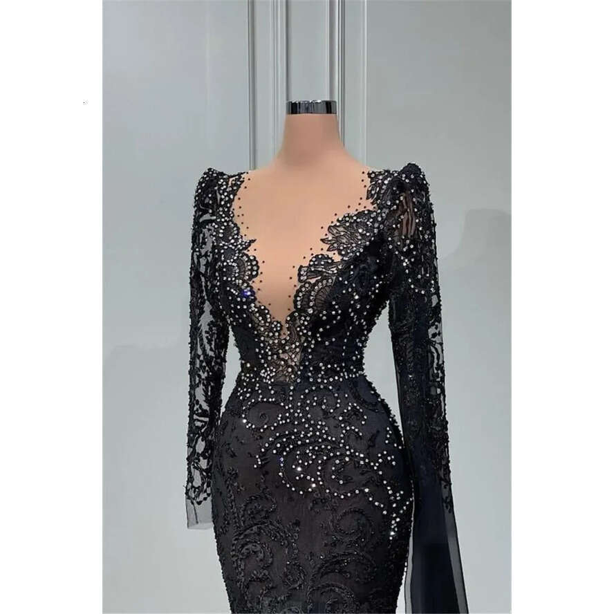 Mermaid Vintage Black Lace Evening Dresses With White Beads Sheer Deep V Neck Long Sleeve Appliques Ocn Party Gowns Prom Vestidos Bc14999 0618 estidos