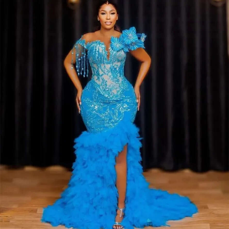 Aso Ebi Blue August Mermaid Prom Dress Beaded Lace Crystals Evening Formal Party Second Reception Birthday Engagement Gowns Dresses Robe De Soiree Zj7