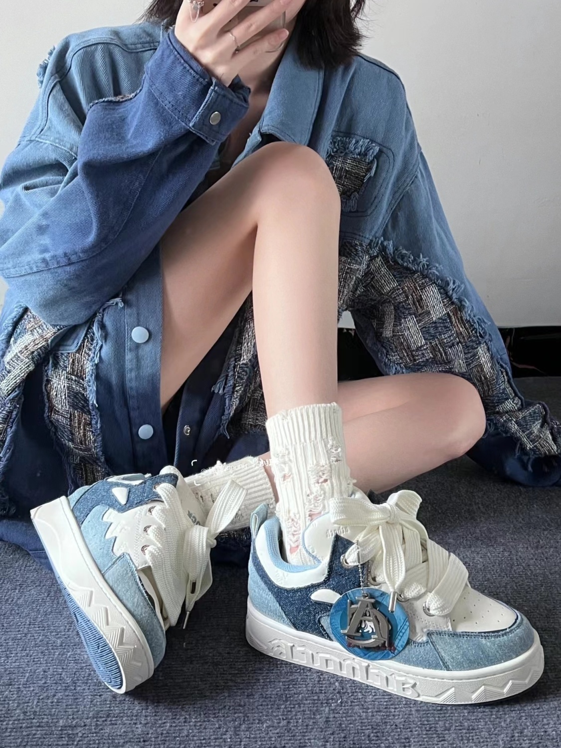 2024 Spring New Thick-soled All-match Casual Sneakers Female National Trend Niche Denim Blue Couple Bread Shoes Male