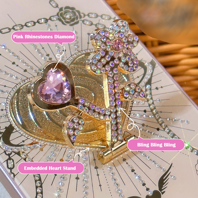 Luxury Glitter Diamond Heart Love Cases With Stand Holder Shockproof Back Cover For iPhone 16 15 14 13 Pro Max Samsung S21 S22 S23 S24 Ultra Plus A16 