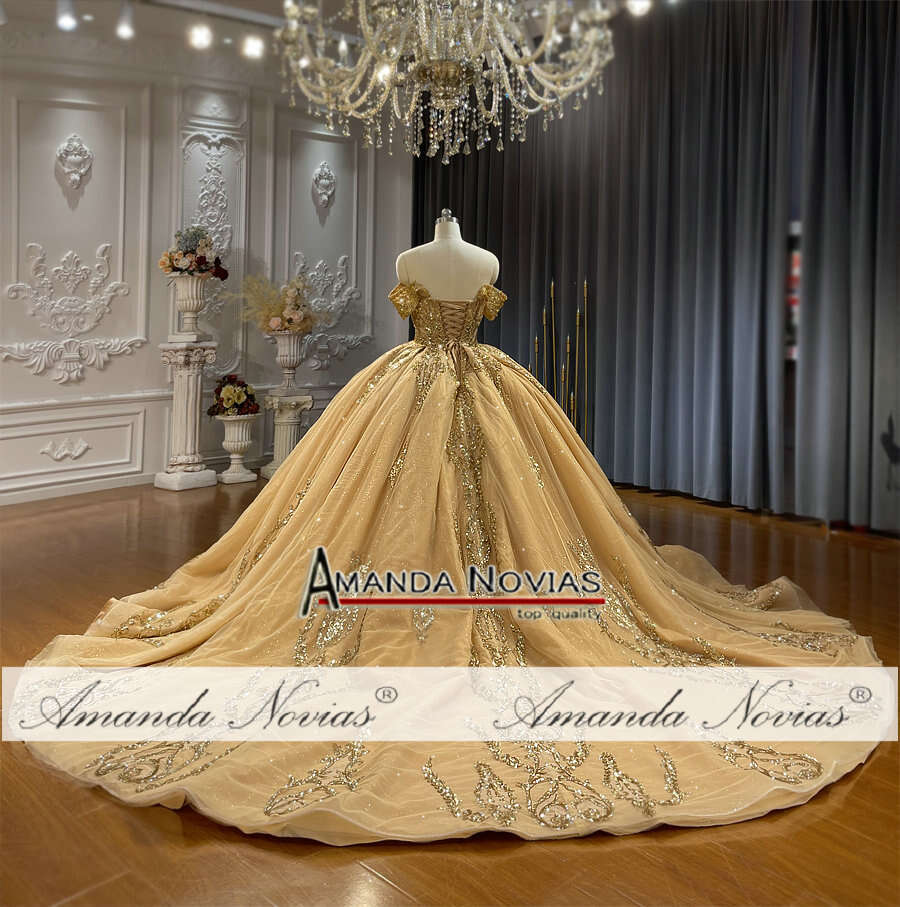 Amanda Novias Golden Off Shoulder Lace Wedding Dress