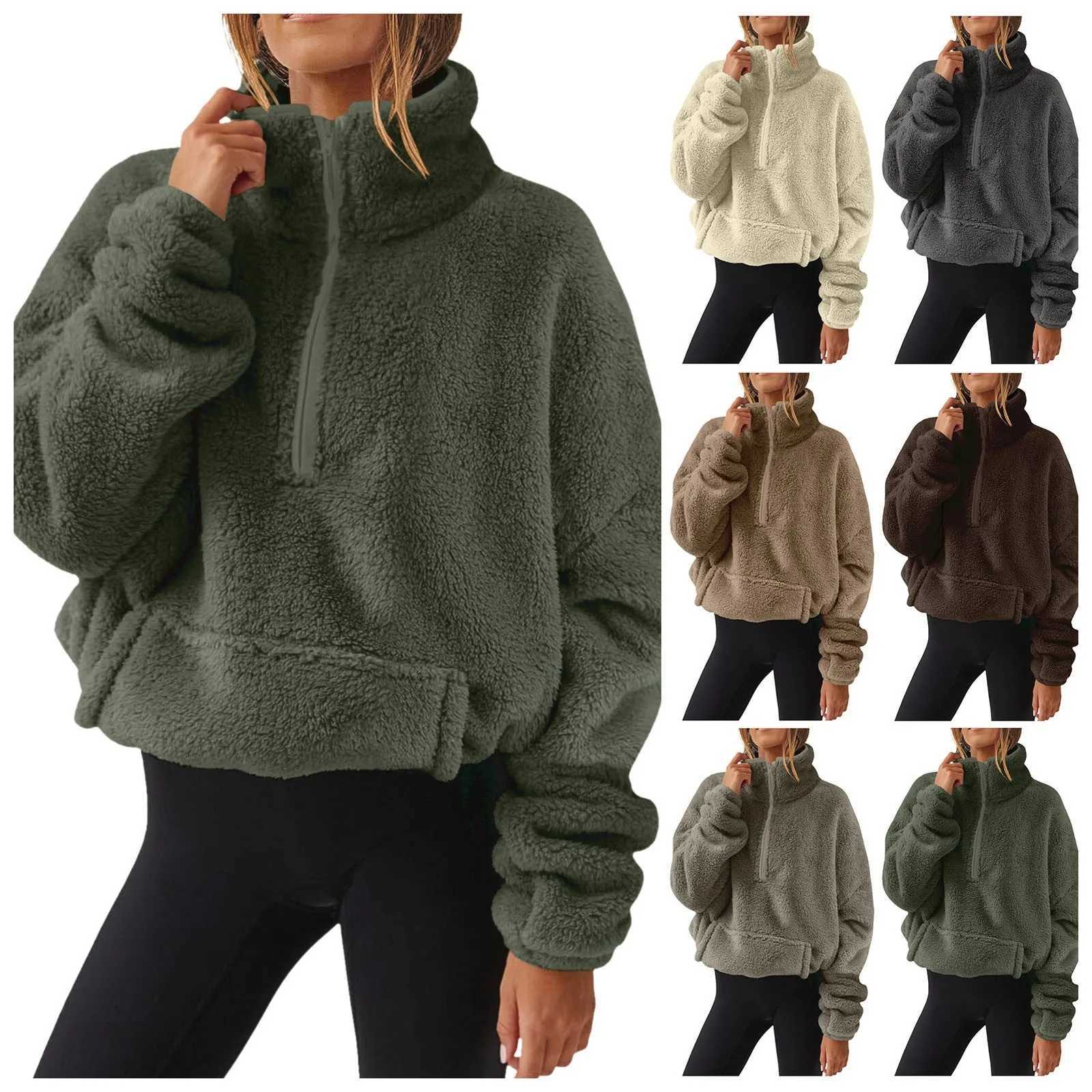 Fuzzy Quarter Zip Sweatshirt For Women Trendy Casual Solid Color Pullover Fleece Sweatshirts Long Sleeve Winter Warm SweaterX241016