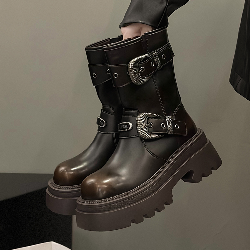 Women's 2024 Autumn/Winter New Retro Metal Buckle Thick Bottom Roman Knight Short Boots
