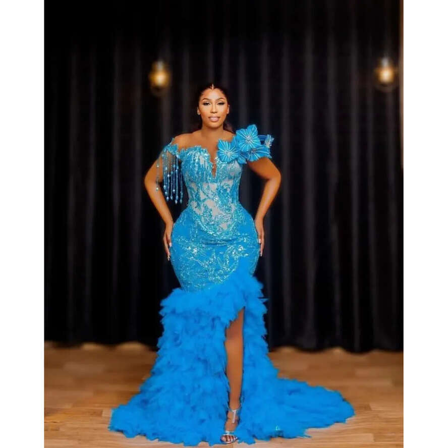 Aso Ebi Blue August Mermaid Prom Dress Beaded Lace Crystals Evening Formal Party Second Reception Birthday Engagement Gowns Dresses Robe De Soiree Zj7
