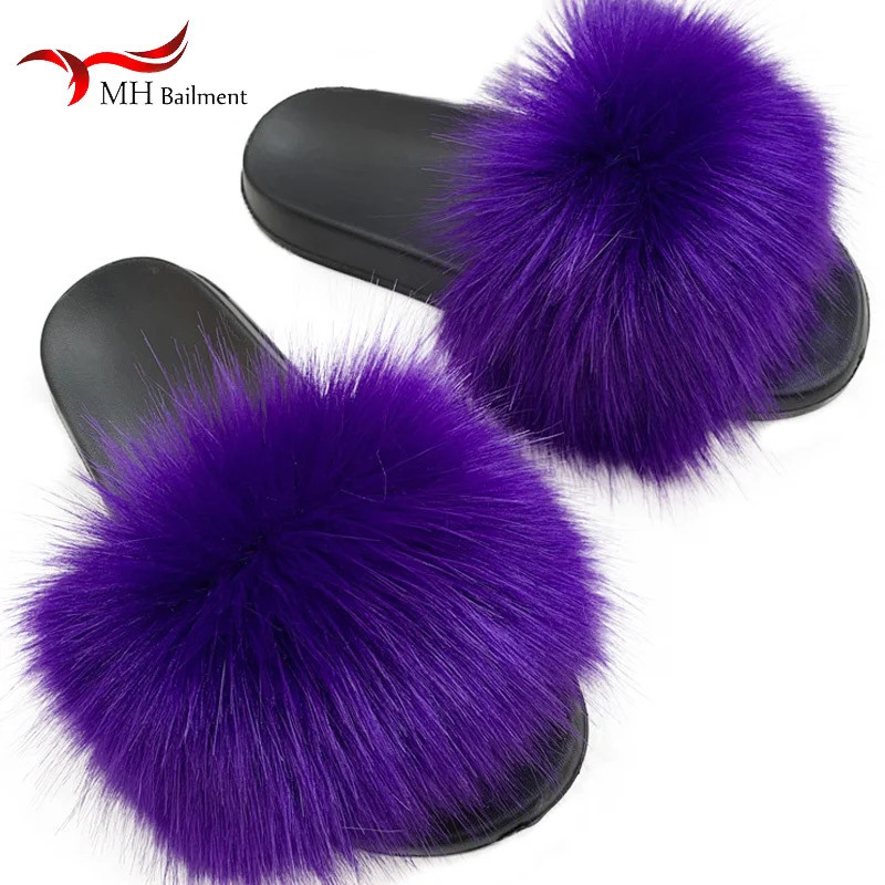 Faux Fur Slippers Women Soft Home Furry Fluffy Sandals Female Casual Flops Slides Winter Warm Flat Shoes Plus Size 36-45 241008