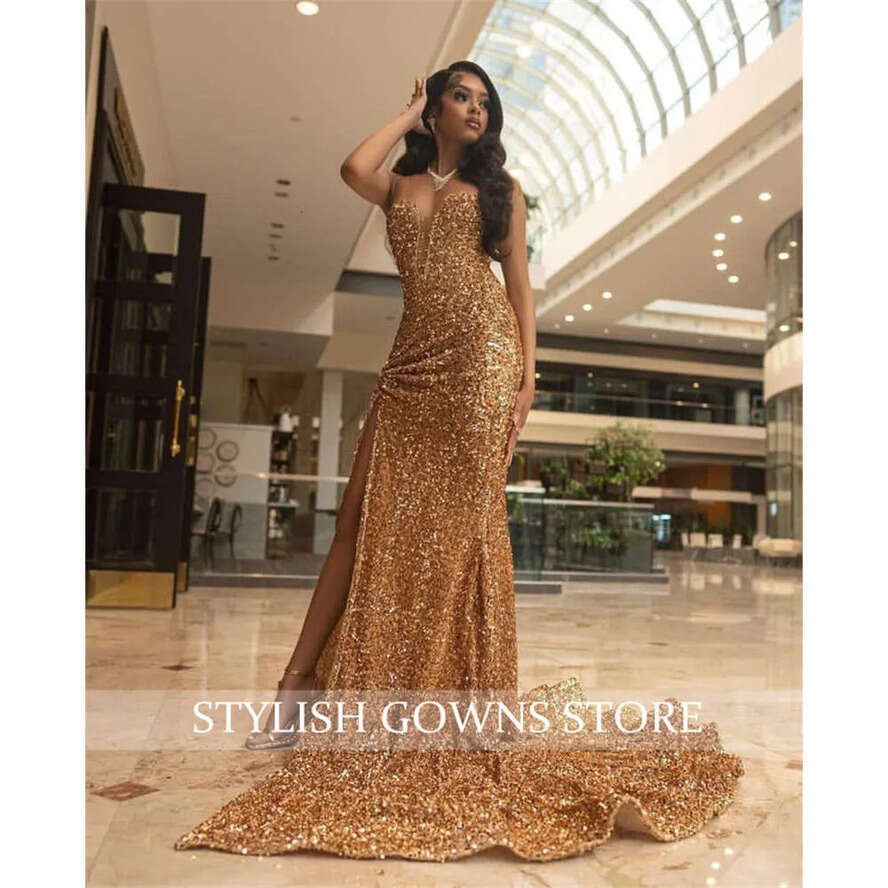 Neck Champagne Sheer O Long Prom Dress For Black Girls 2024 Sparkly Birthday Party Dresses High Slit Evening Gowns Mermaid Robe 0627 es
