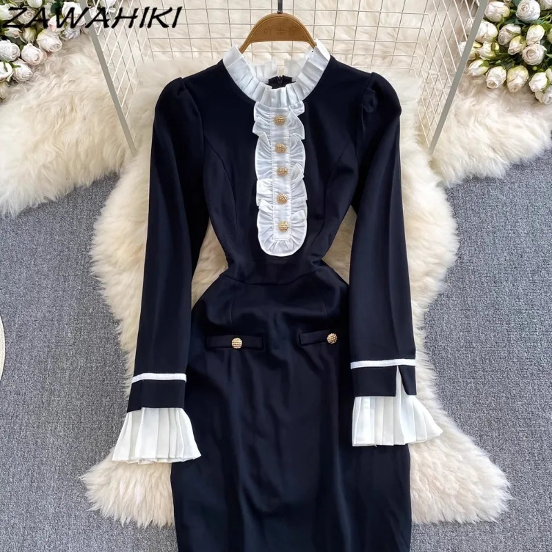 Evening Dress for Women Patchwork Pleated Button Vestidos Contrast Color Flare Sleeve Femme Robe Temperament Ropa Mujer 241007