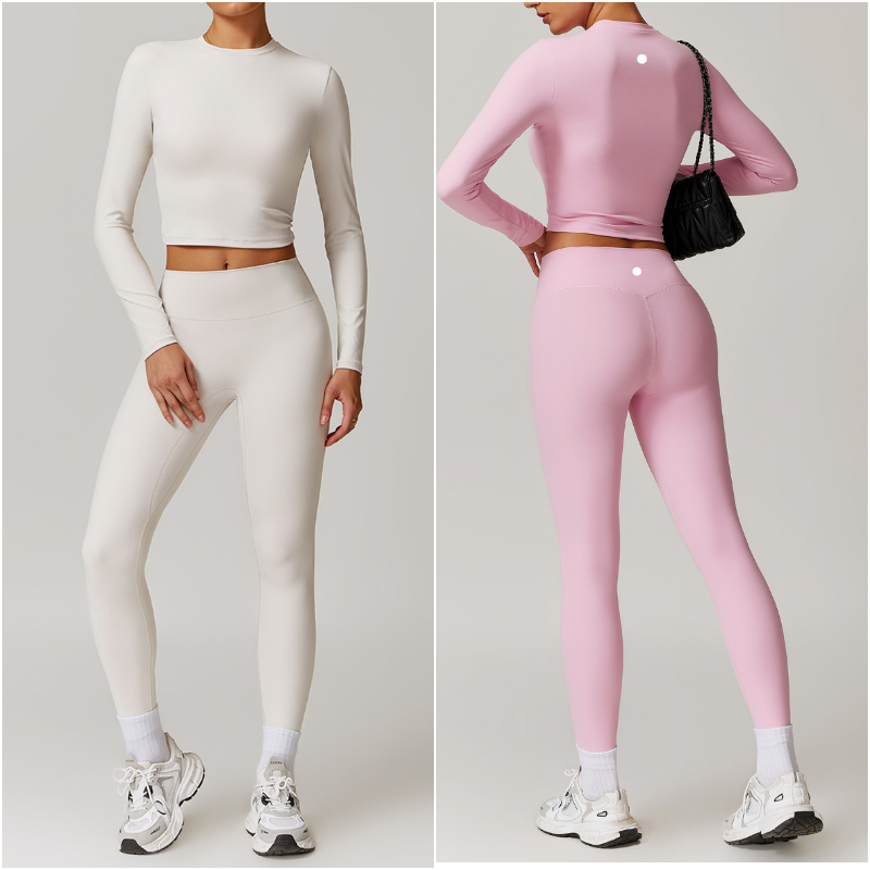 2025--Womens Yoga Outfit Yoga Sets Pants Tshirt Sport Gym Running Casual Trousers Tops Elastic High Waist Close-Fitting Sportwear Long Sleeve