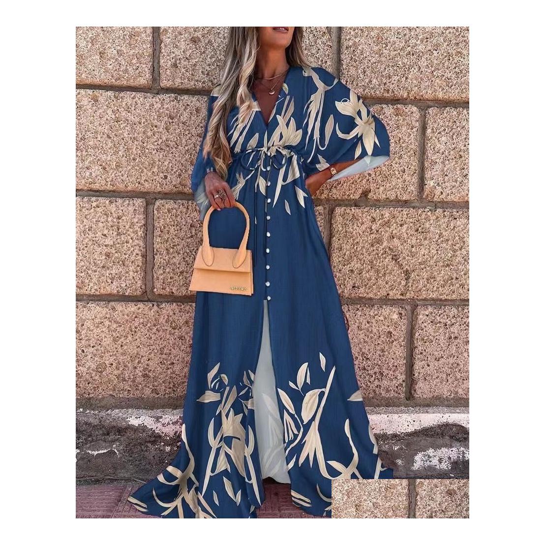 Basic Casual 2023 Springsummer New Y Vneck Lace Up Single Breasted Beach Dress For Women 230724 Drop Delivery Apparel WomenS Cloth Otf9M