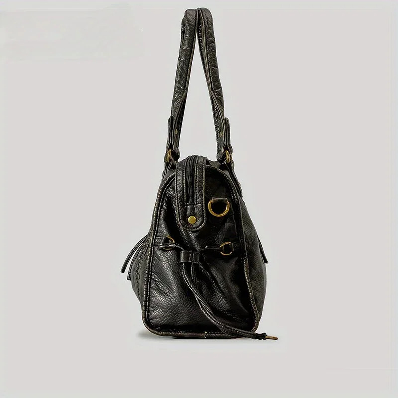 Womens Fashion Vintage Washed Soft Leather Tote Bag Large Capacity MultiPocket Shoulder Messenger 241011