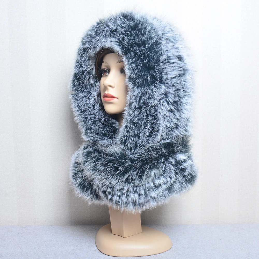 Fox fur hood Volume Hats For Women Winter Warm Novelty Knitted Fur Scarf Hat Stylish Fashionable Genuine Large Female Fur Hat 241009