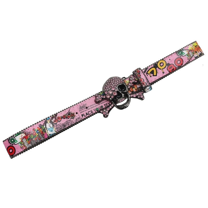 Big Skull Punk Black Rhinestone Belt Ladies Belt Diamond Soldier Belt Western Cowboy Y2K Fashion Belt Hip Hop Graffiti 241016