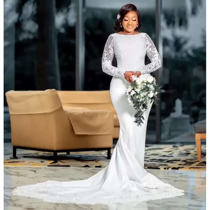 Size Arabic Plus Aso Ebi Lace Beaded Mermaid Wedding Gowns Long Sleeves Satin Vintage Bridal Dresses