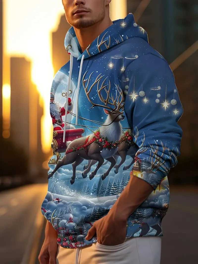 2025 Christmas Mens Hoodie Santa Claus Printed Long Sleeve Sweater Mens Casual Hoodie Loose Oversized Mens Wear Y241016