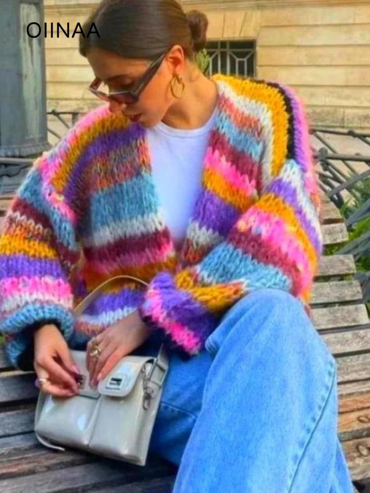 OIINAA Knitted Cardigan for Women Sweater Striped Rainbow Long Sleeve Open Stitch Cardigans Autumn Winter Fashion Outerwears 241015