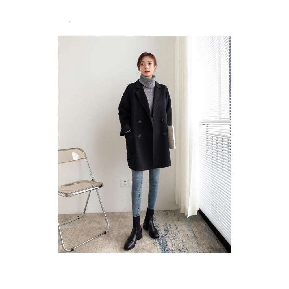 2022 Autumn Korean Style Double Breasted Simple Black 100% Wool Coat Women Long Loose Suit Woolen Overcoat Jacket