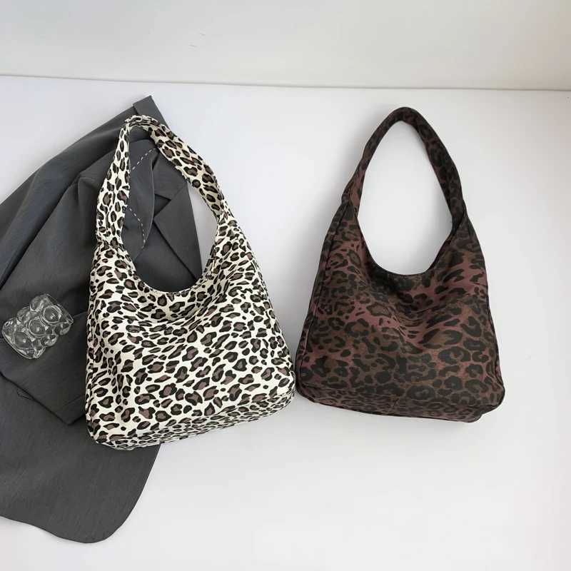 Ladies Leopard Retro Shoulder Satchel Bag Multi Pocket Canvas Underarm Large Capacity Buckle Closure for Shopping Travel Work 241016
