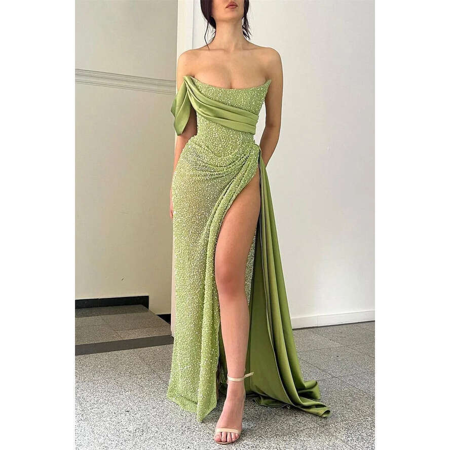 One Shoulder High Sexy Slit Prom Dress Sparkly Sequins Evening Dresses Elegant Green Straight Long Tail Gown Robe De Mariee Bc18281 0618 es