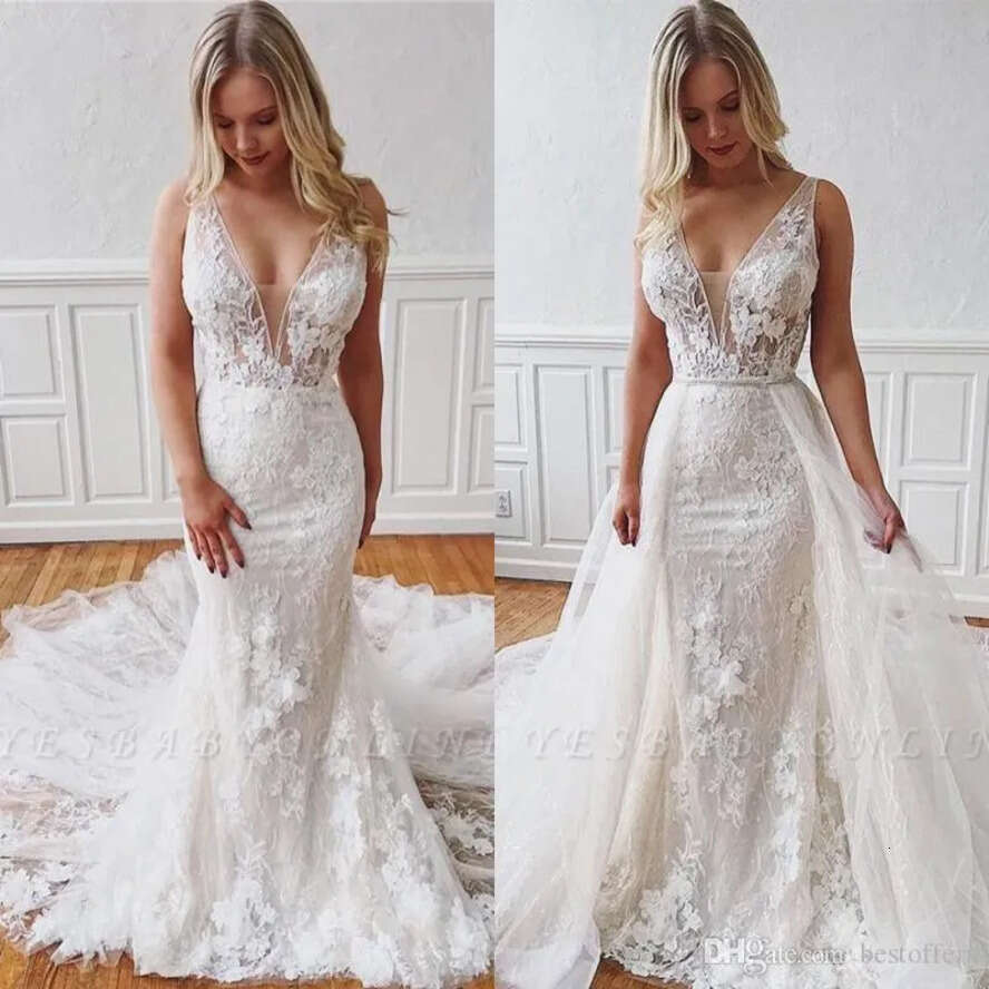 Dresses Mermaid With Elegant Removable Train Lace V Neck Sexy Backless Bridal Wedding Gowns Plus Size Bc
