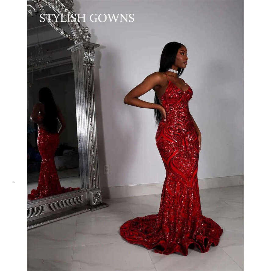 Halter Prom Red Long Dress For Black Girls Sparkly Sequined Birthday Party Dresses Mermaid Formal Gown Evening Gowns Robe De Bal 0627 es mal s