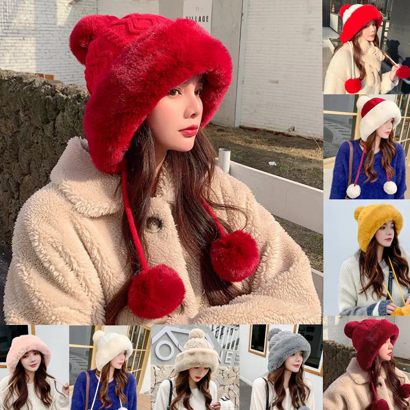 Thicken hat style ladies fur ball plus velvet warm hood outdoor autumn and winter cold-proof fashion cute woolen wholesale 241009