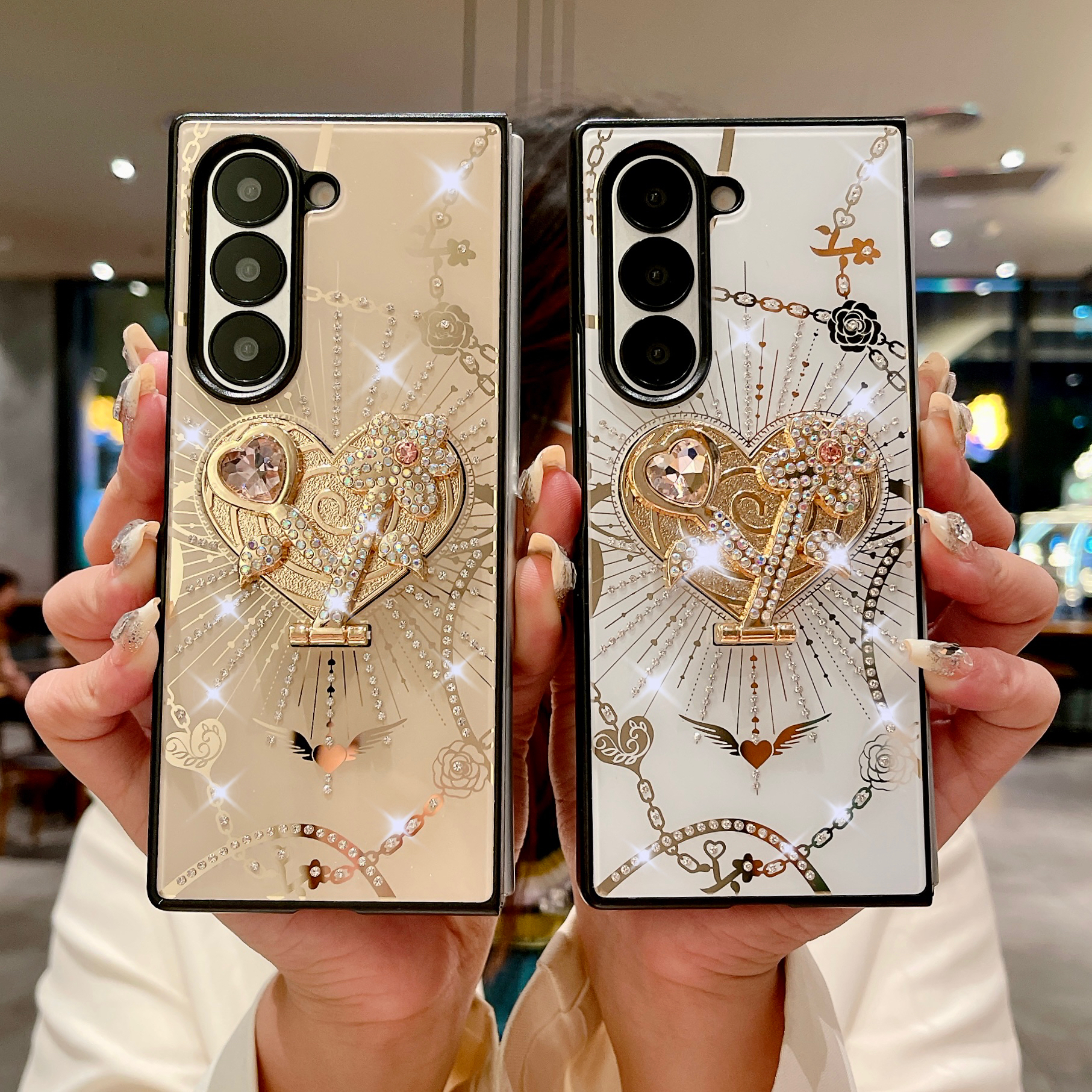 Luxury Glitter Diamond Heart Love Cases With Stand Holder Shockproof Back Cover For iPhone 16 15 14 13 Pro Max Samsung S21 S22 S23 S24 Ultra Plus A16 