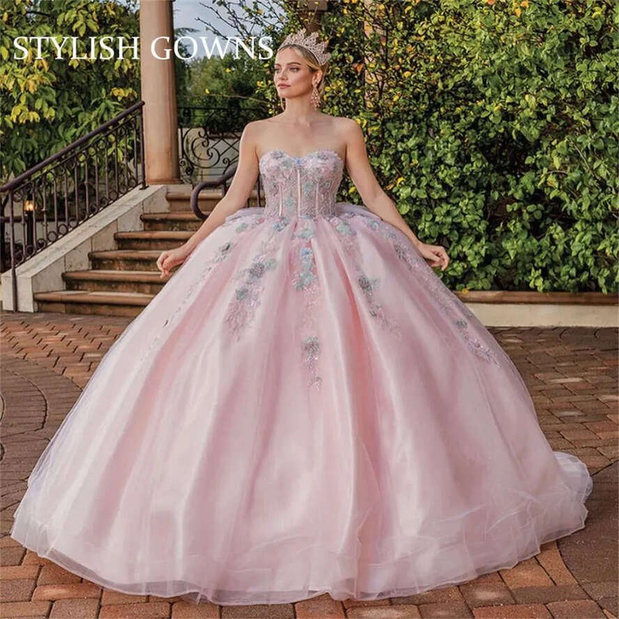 15 Years Sweetheart Pink Quinceanera Dress Appliques Ball Beaded Bow Girl Gradustion Dresses Sweet 16 Party Gown Vestidos 0627 es