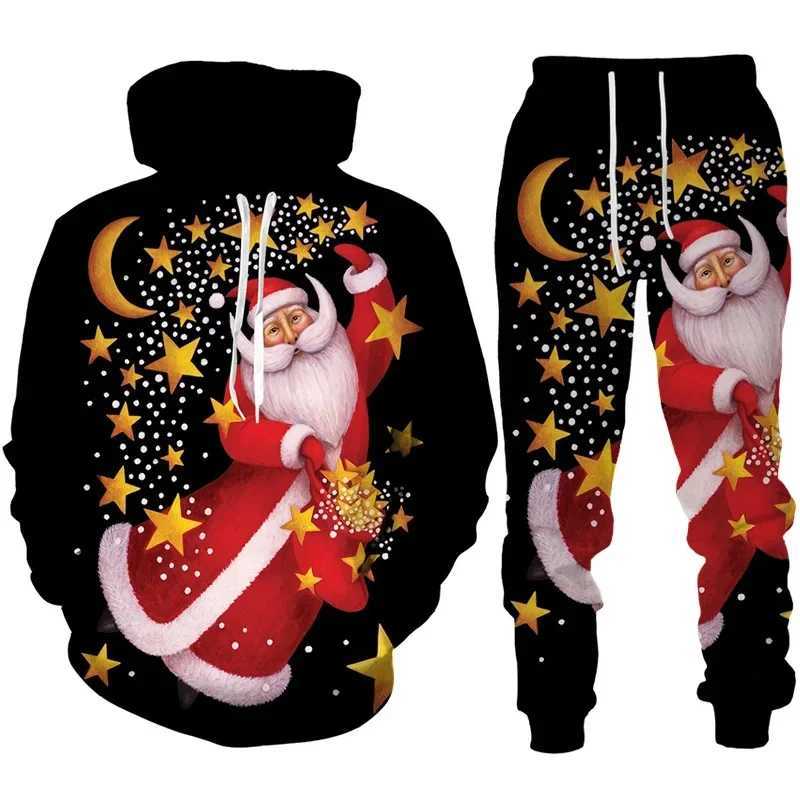 New Years Party 3D Printed Santa Claus Mens Hoodie Pants 2-piece Set Casual Oversized Long Sleeve Zipper Y241016