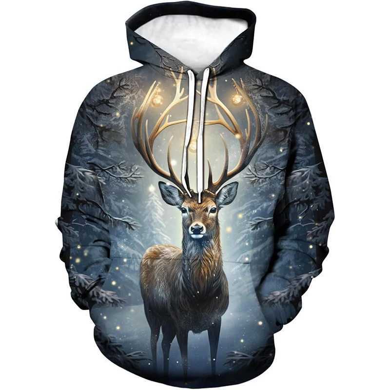 Fashionable Christmas hooded sweater reindeer 3D printed mens hooded sweater oversized pull-out Y2k Harajuku top childrens clothing Y241016