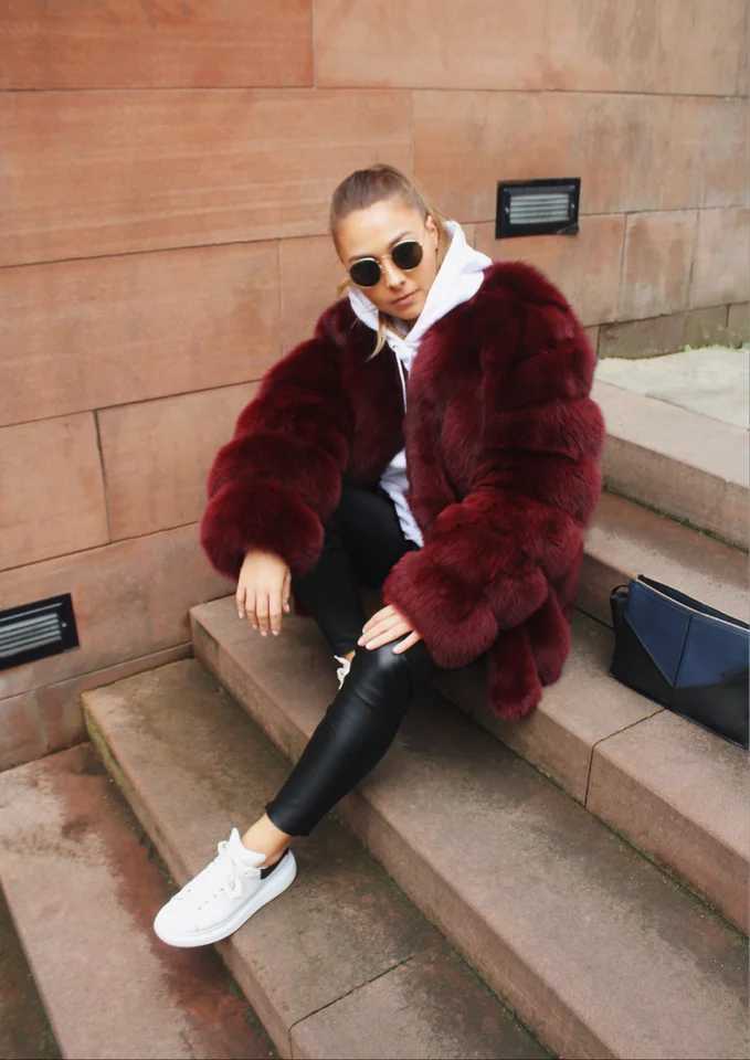 Large womens winter fox fur leather jacket long sleeved winter jacket W241010