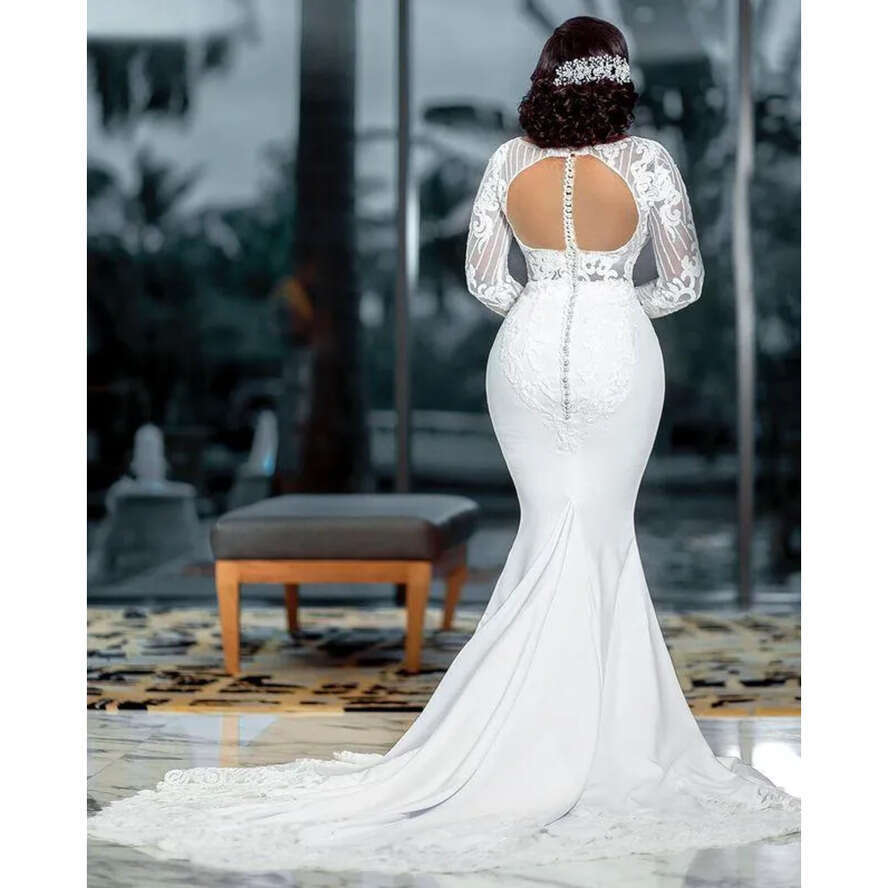Size Arabic Plus Aso Ebi Lace Beaded Mermaid Wedding Gowns Long Sleeves Satin Vintage Bridal Dresses