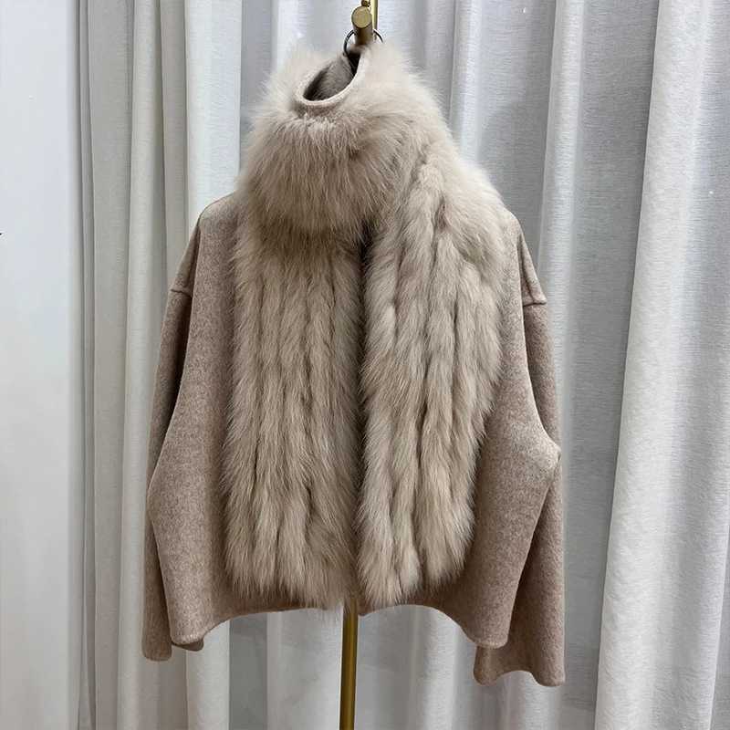 2024 New Winter Women Natural Fox Fur Collar Jacket Cashmere Wool Woolen Coat Real Fur Ladies Outerwear Female CoatX241016