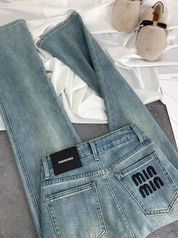 Blue Women Jeans Streetwear Vintage Fashion High Waisted Wide Leg Jean Female Trouser Letter Hip Hop Baggy Denim Pants 241011