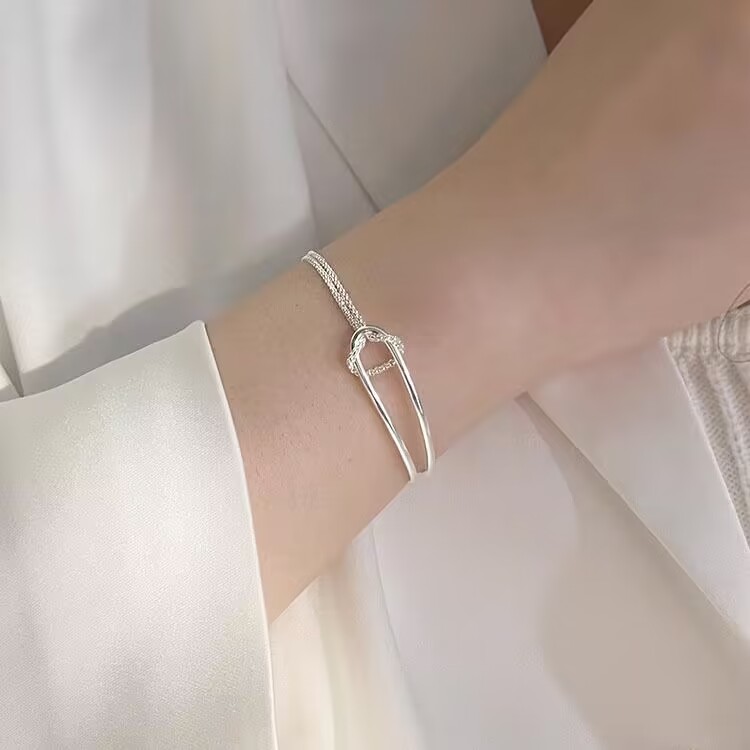 925 Sterling Silver Bangles Double Layer Chain Knot Bracelet for Women Elegant Fine Jewelry Ladies Sterling Silver Bangle Lightweight Z250910