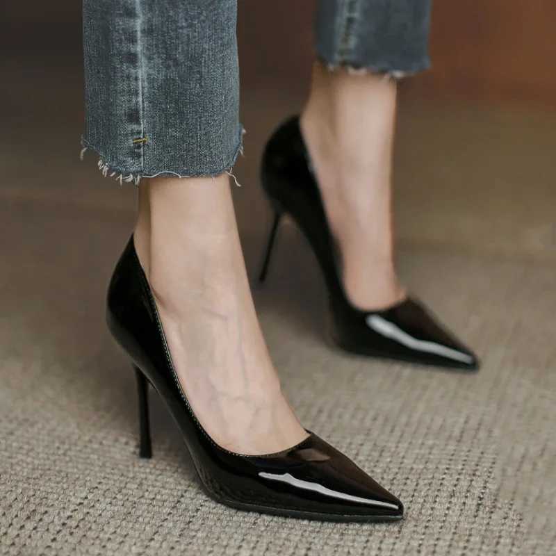 Autumn New Nude Lacquer Leather High Heels with Thin Heels Versatile Pointed Shallow Mouth Single ShoesC250319