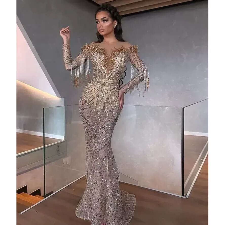 Jewel Mermaid Evening Sheer Neck Beaded Sequins Tassel Prom Drs Long Sleev Illusion Sweep Train Formal Party Gowns 0604