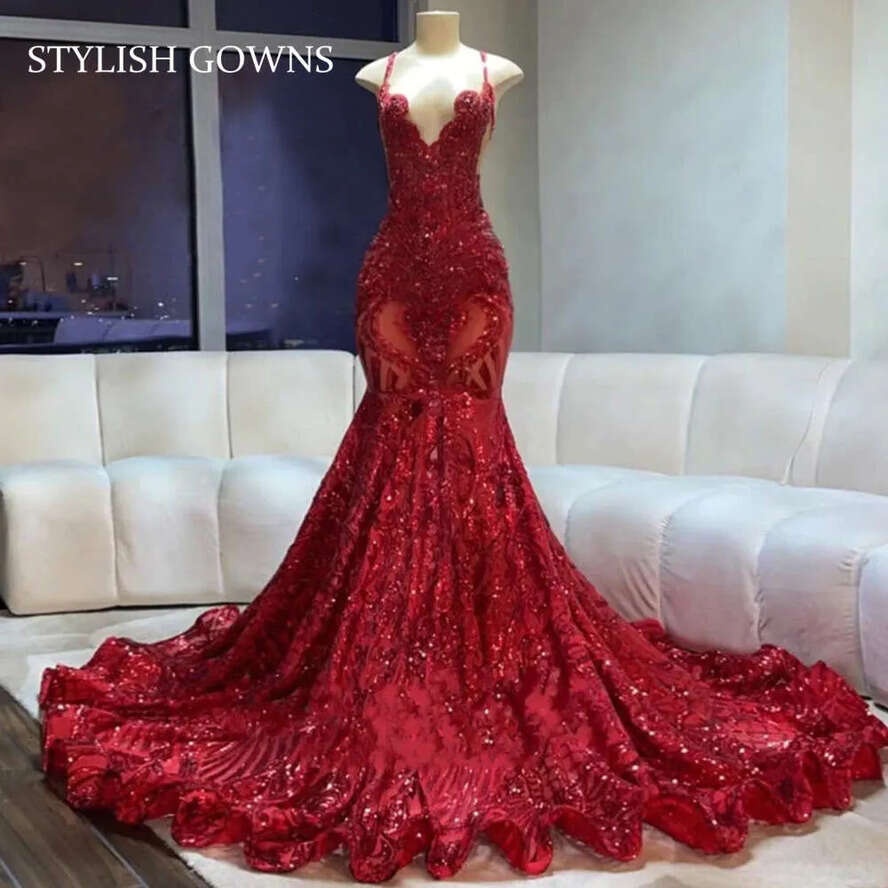 Long Prom Halter Red Dress For Black Girls 2024 Sparkly Sequined Birthday Party Dresses Feathers Formal Gown Mermaid Evening 0627 es mal
