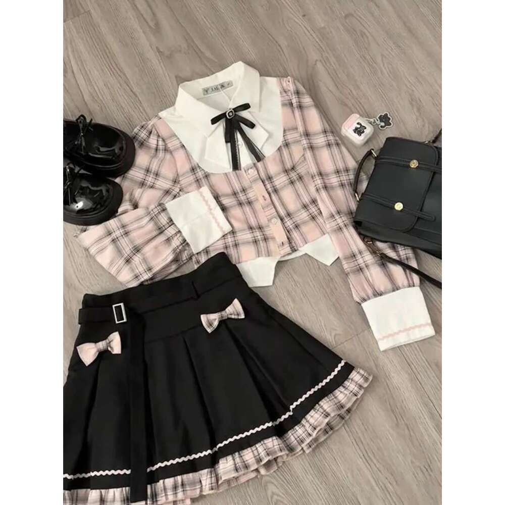 Sweet College Plaid Patchwork Shirt Pleated Skirt Two-Piece Set Women Korean Fashion Bow Retro Tie Cute Temperament Autumn Suit