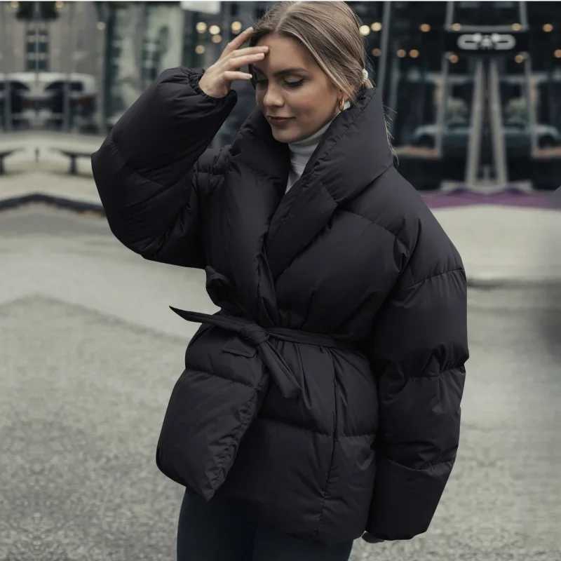 Womens winter jacket long sleeved pockets side office womens warm jacket black belt outerwear padded jacket womens parkas M241011