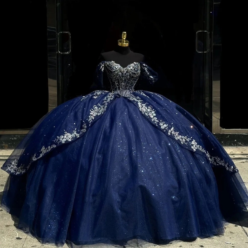 Sparkly Navy Blue Quinceanera Dresses Ball Gown Off the Shoulder Sier Lace Applique Beaded Tull Corset Sweet 16 Dress Vestidos De 15 Anos