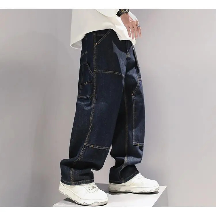 Washed Blue Straight leg Jeans Stylish Street Cargo Pants Japanese Harajuku style Hip hop loose wide pants mens clothing 241008